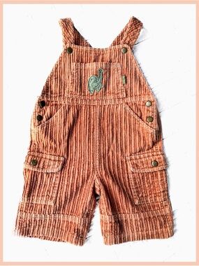 Le Top Vintage Corduroy Overalls Rust Embroidered Dino 18 Hippie Boy Girl Pants
